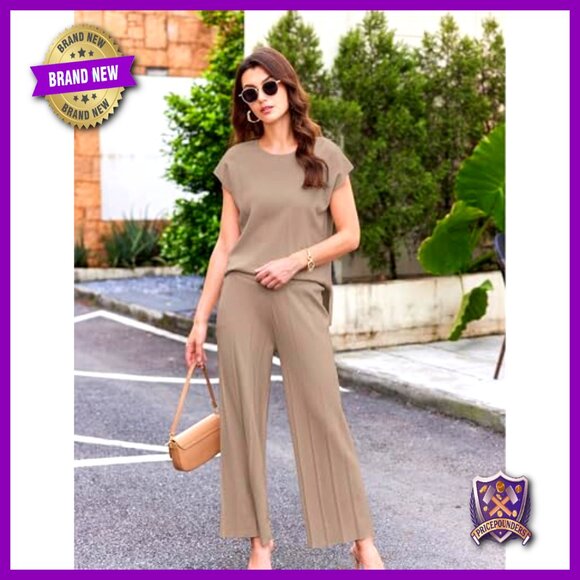 Knit Two Piece Set Cap Sleeve Top Wide Leg Pants Lounge Outfit - Picture 4 of 7